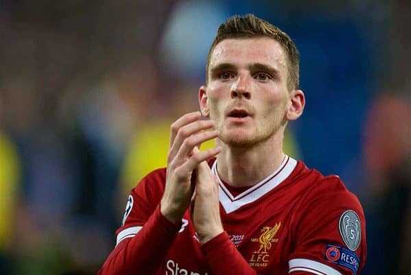 KIEV, UKRAINE - Saturday, May 26, 2018: Liverpool's Andy Robertson looks dejected after the UEFA Champions League Final match between Real Madrid CF and Liverpool FC at the NSC Olimpiyskiy. Real Madrid won 3-1. (Pic by Peter Powell/Propaganda)