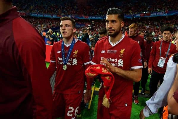 KIEV, UKRAINE - Saturday, May 26, 2018: Liverpool's Andy Robertson and Emre Can look dejected after the UEFA Champions League Final match between Real Madrid CF and Liverpool FC at the NSC Olimpiyskiy. Real Madrid won 3-1. (Pic by Peter Powell/Propaganda)