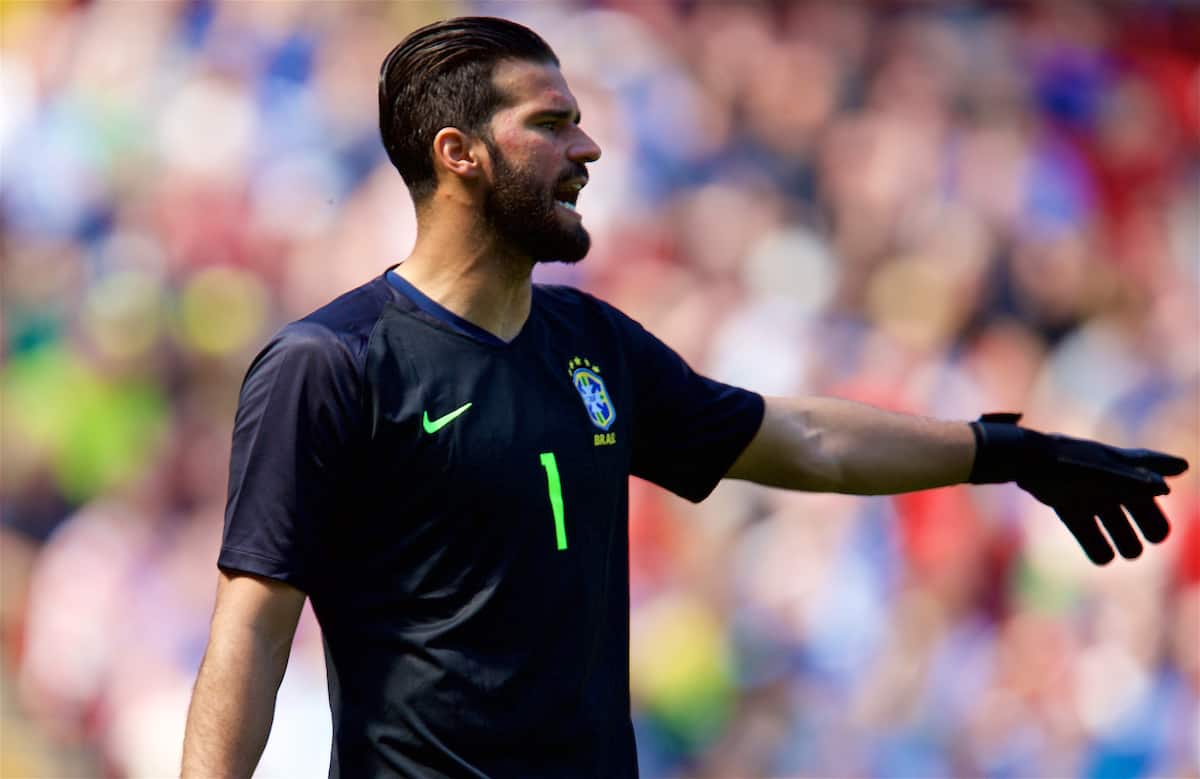 LIVERPOOL, ENGLAND - Sunday, June 3, 2018: Brazil's goalkeeper Alisson Becker during an international friendly between Brazil and Croatia at Anfield. (Pic by David Rawcliffe/Propaganda)