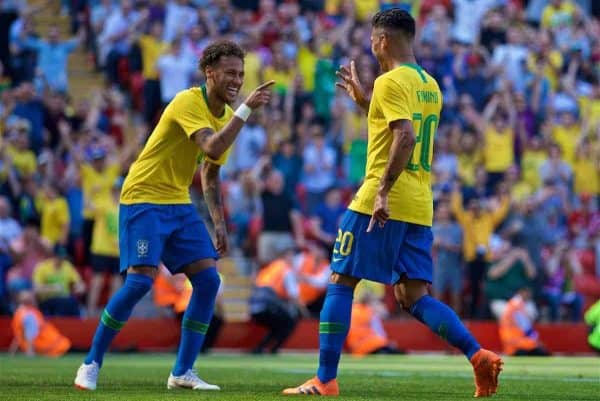 LIVERPOOL, ENGLAND - Sunday, June 3, 2018: Brazil and Liverpool striker Roberto Firmino celebrates scoring the second goal with team-mate Neymar da Silva Santos Júnior (left) during an international friendly between Brazil and Croatia at Anfield. Brazil won 2-0. (Pic by David Rawcliffe/Propaganda)