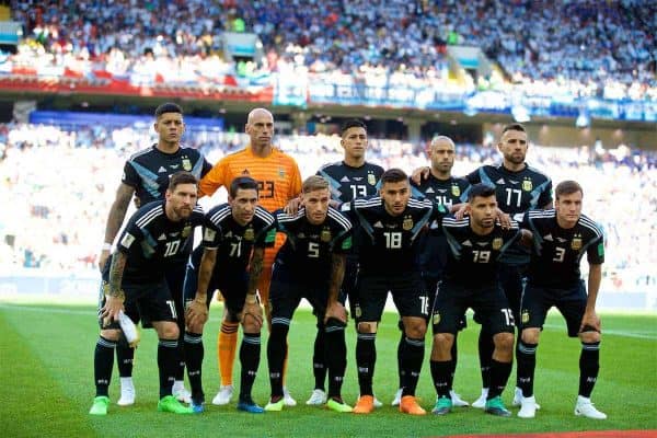 MOSCOW, RUSSIA - Saturday, June 16, 2018: Argentina players line-up for a team group photograph before the FIFA World Cup Russia 2018 Group D match between Argentina and Iceland at the Spartak Stadium. Back row L-R: , goalkeeper Wilfredo Caballero, Maximiliano Meza, Javier Mascherano, Nicolas Otamendi. Front row L-R: Lionel Messi, Angel Di Maria, Lucas Biglia, Eduardo Salvio, Sergio Aguero, Nicolas Tagliafico (Pic by David Rawcliffe/Propaganda)