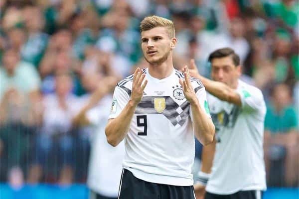 MOSCOW, RUSSIA - Sunday, June 17, 2018: Germany's Timo Werner looks dejected after missing a chance during the FIFA World Cup Russia 2018 Group F match between Germany and Mexico at the Luzhniki Stadium. (Pic by David Rawcliffe/Propaganda)