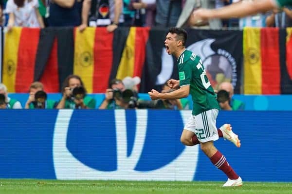 MOSCOW, RUSSIA - Sunday, June 17, 2018: Mexico's Hirving Lozano celebrates scoring the first goal during the FIFA World Cup Russia 2018 Group F match between Germany and Mexico at the Luzhniki Stadium. (Pic by David Rawcliffe/Propaganda)