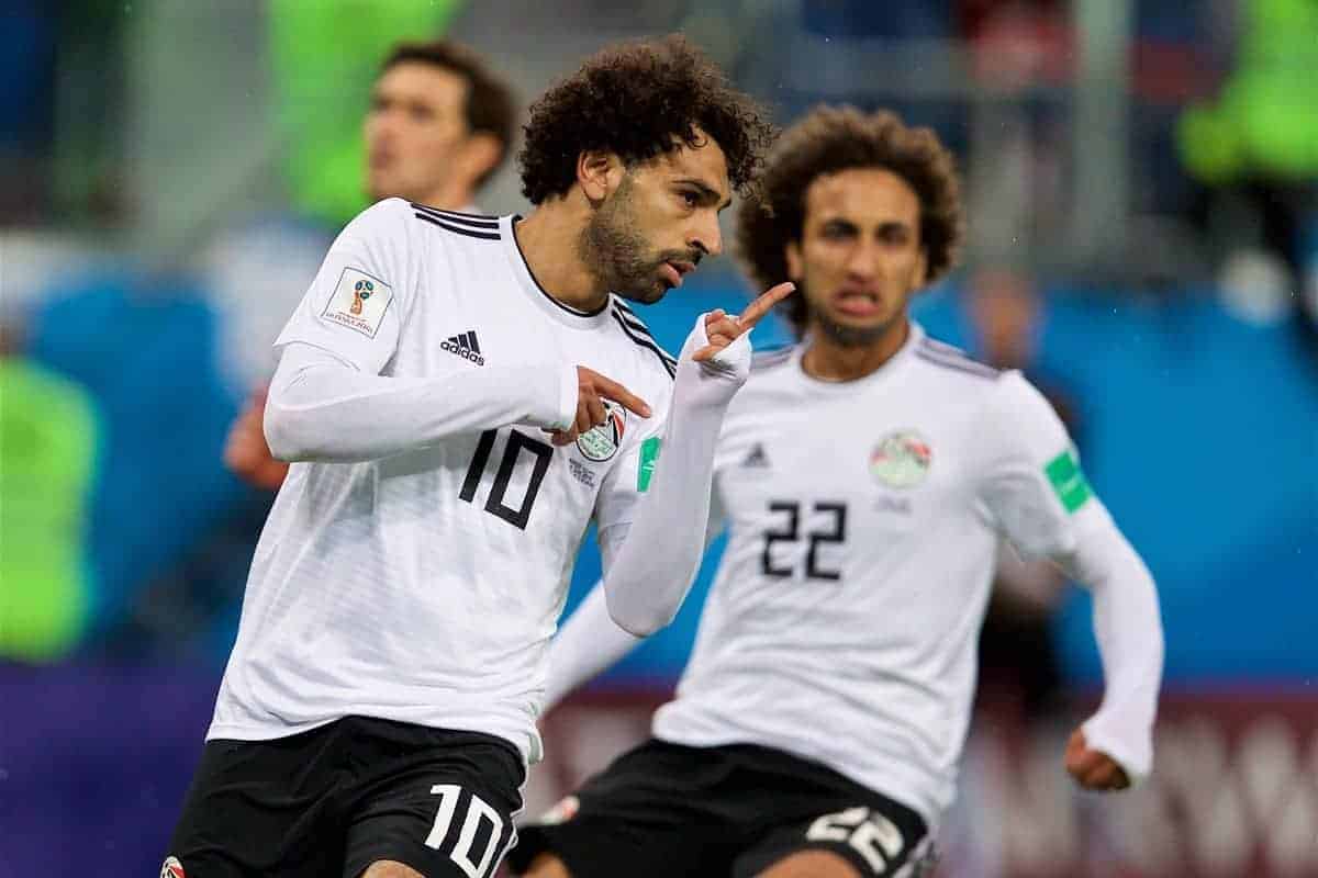 SAINT PETERSBURG, RUSSIA - Sunday, June 17, 2018: Egypt's Mohamed Salah celebrates after scoring the first goal from a penalty kick during the FIFA World Cup Russia 2018 Group A match between Russia and Egypt at the Saint Petersburg Stadium. (Pic by David Rawcliffe/Propaganda)