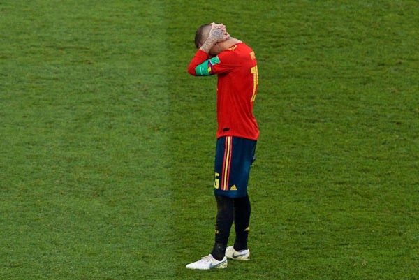 MOSCOW, RUSSIA - Sunday, July 1, 2018: Adios... Spain's Sergio Ramos looks dejected after losing 4-3 on penalties during the FIFA World Cup Russia 2018 Round of 16 match between Spain and Russia at the Luzhniki Stadium. (Pic by David Rawcliffe/Propaganda)