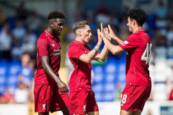 CHESTER, ENGLAND - Saturday, July 7, 2018: Liverpool's Harry Wilson celebrates scoring his sides second goal with Curtis Jones during a preseason friendly match between Chester FC and Liverpool FC at the Deva Stadium. (Pic by Paul Greenwood/Propaganda) Divock Origi