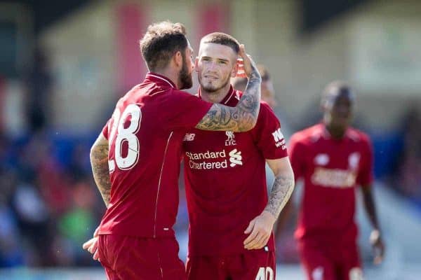 CHESTER, ENGLAND - Saturday, July 7, 2018: Liverpool's Ryan Kent celebrates scoring his sides fifth goal with Danny Ings during a preseason friendly match between Chester FC and Liverpool FC at the Deva Stadium. (Pic by Paul Greenwood/Propaganda)
