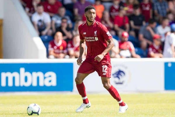 CHESTER, ENGLAND - Saturday, July 7, 2018: Liverpool's Joe Gomez during a preseason friendly match between Chester FC and Liverpool FC at the Deva Stadium. (Pic by Paul Greenwood/Propaganda)