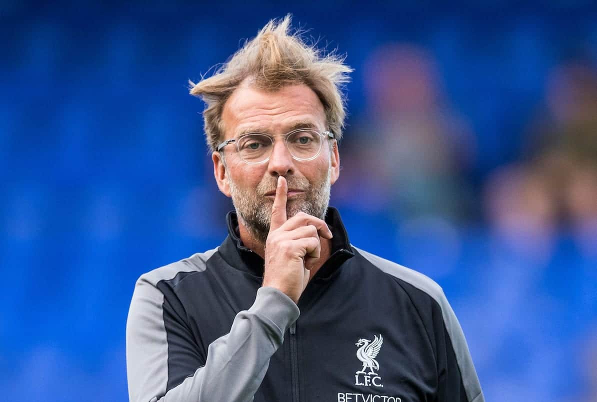 BIRKENHEAD, ENGLAND - Tuesday, July 10, 2018: Liverpool's manager J¸rgen Klopp puts his finger to his lips before a preseason friendly match between Tranmere Rovers FC and Liverpool FC at Prenton Park. (Pic by Paul Greenwood/Propaganda)