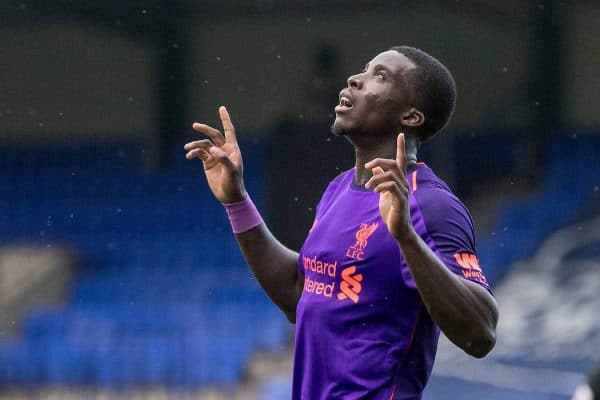 BIRKENHEAD, ENGLAND - Tuesday, July 10, 2018: Liverpool's Sheyi Ojo celebrates scoring the second goal during a preseason friendly match between Tranmere Rovers FC and Liverpool FC at Prenton Park. (Pic by Paul Greenwood/Propaganda)