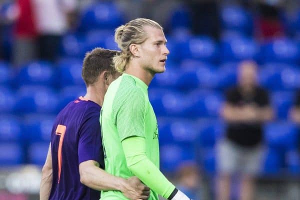 BIRKENHEAD, ENGLAND - Tuesday, July 10, 2018: Liverpool's captain James Milner put this arm around the waist of goalkeeper Loris Karius after the final whistle in a preseason friendly match between Tranmere Rovers FC and Liverpool FC at Prenton Park. (Pic by Paul Greenwood/Propaganda)