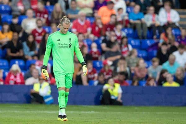 BIRKENHEAD, ENGLAND - Tuesday, July 10, 2018: Liverpool's goalkeeper Loris Karius looks dejected during a preseason friendly match between Tranmere Rovers FC and Liverpool FC at Prenton Park. (Pic by Paul Greenwood/Propaganda)