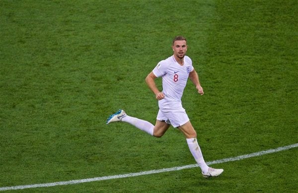 MOSCOW, RUSSIA - Wednesday, July 11, 2018: England's Jordan Henderson during the FIFA World Cup Russia 2018 Semi-Final match between Croatia and England at the Luzhniki Stadium. (Pic by David Rawcliffe/Propaganda)