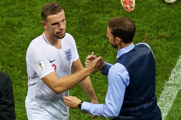 MOSCOW, RUSSIA - Wednesday, July 11, 2018: England's Jordan Henderson is substituted by England's manager Gareth Southgate during the FIFA World Cup Russia 2018 Semi-Final match between Croatia and England at the Luzhniki Stadium. (Pic by David Rawcliffe/Propaganda)