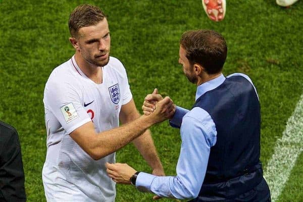 MOSCOW, RUSSIA - Wednesday, July 11, 2018: England's Jordan Henderson is substituted by England's manager Gareth Southgate during the FIFA World Cup Russia 2018 Semi-Final match between Croatia and England at the Luzhniki Stadium. (Pic by David Rawcliffe/Propaganda)