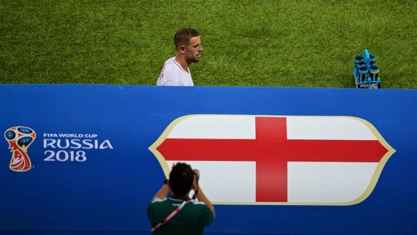 MOSCOW, RUSSIA - Wednesday, July 11, 2018: England's Jordan Henderson walks to the bench as he is substituted Southgate during the FIFA World Cup Russia 2018 Semi-Final match between Croatia and England at the Luzhniki Stadium. (Pic by David Rawcliffe/Propaganda)