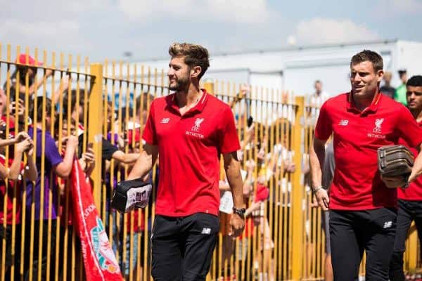 BURY, ENGLAND - Saturday, July 14, 2018: Liverpool's Adam Lallana and James Milner as the team arrives before a preseason friendly match between Bury FC and Liverpool FC at Gigg Lane. (Pic by Paul Greenwood/Propaganda)