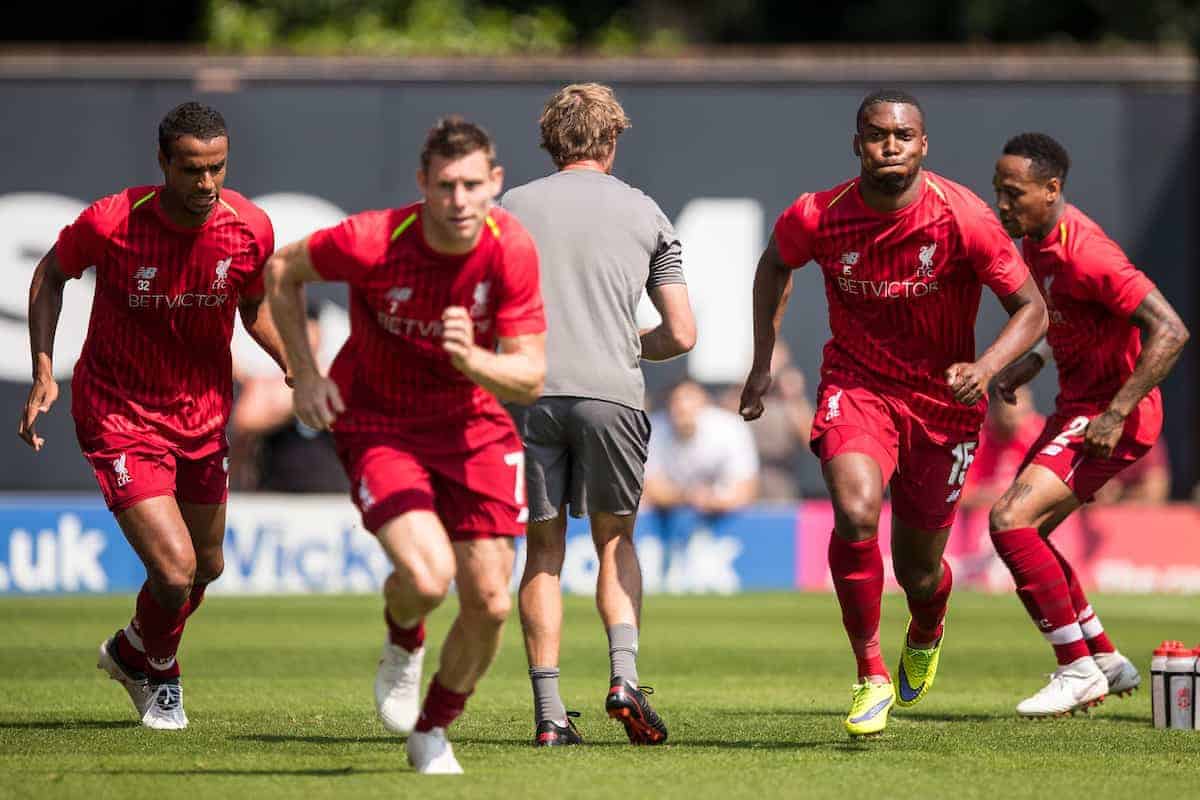 BURY, ENGLAND - Saturday, July 14, 2018: Liverpool's Joel Matip, James Milner, Liverpool's Daniel Sturridge and Nathaniel Clyne during the pre-match warm-up before a preseason friendly match between Bury FC and Liverpool FC at Gigg Lane. (Pic by Paul Greenwood/Propaganda)