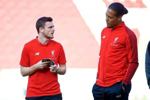 BLACKBURN, ENGLAND - Thursday, July 19, 2018: Liverpool's Andy Robertson (left) and Virgil van Dijk before a preseason friendly match between Blackburn Rovers FC and Liverpool FC at Ewood Park. (Pic by David Rawcliffe/Propaganda)