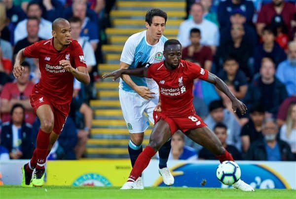 BLACKBURN, ENGLAND - Thursday, July 19, 2018: Liverpool's new signings Fabio Henrique Tavares 'Fabinho' (left) and Naby Keita during a preseason friendly match between Blackburn Rovers FC and Liverpool FC at Ewood Park. (Pic by David Rawcliffe/Propaganda)