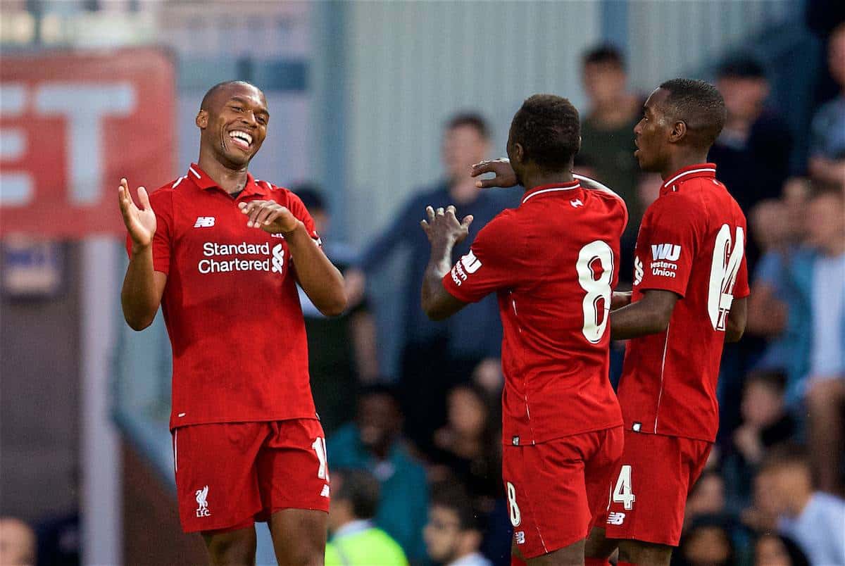 BLACKBURN, ENGLAND - Thursday, July 19, 2018: Liverpool's Daniel Sturridge celebrates scoring the second goal during a preseason friendly match between Blackburn Rovers FC and Liverpool FC at Ewood Park. (Pic by David Rawcliffe/Propaganda)