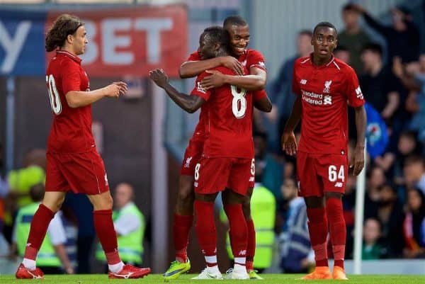 BLACKBURN, ENGLAND - Thursday, July 19, 2018: Liverpool's Daniel Sturridge celebrates scoring the second goal during a preseason friendly match between Blackburn Rovers FC and Liverpool FC at Ewood Park. (Pic by David Rawcliffe/Propaganda)