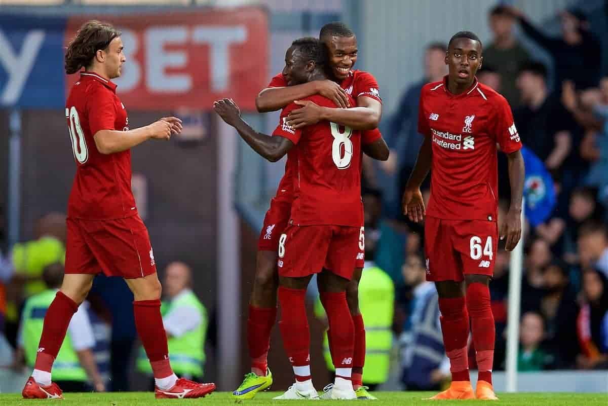 BLACKBURN, ENGLAND - Thursday, July 19, 2018: Liverpool's Daniel Sturridge celebrates scoring the second goal during a preseason friendly match between Blackburn Rovers FC and Liverpool FC at Ewood Park. (Pic by David Rawcliffe/Propaganda)