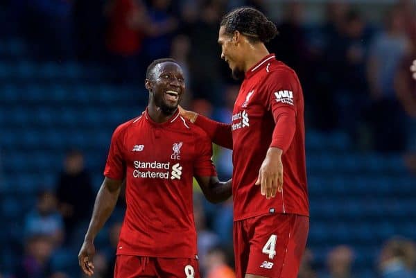 BLACKBURN, ENGLAND - Thursday, July 19, 2018: Liverpool's Naby Keita and Virgil van Dijk share a joke after a preseason friendly match between Blackburn Rovers FC and Liverpool FC at Ewood Park. Liverpool won 2-0. (Pic by David Rawcliffe/Propaganda)