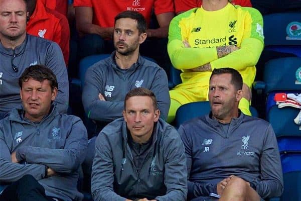 BLACKBURN, ENGLAND - Thursday, July 19, 2018: Liverpool's goalkeeper Loris Karius (in yellow) on the bench after playing the first part of the game during a preseason friendly match between Blackburn Rovers FC and Liverpool FC at Ewood Park. (Pic by David Rawcliffe/Propaganda)