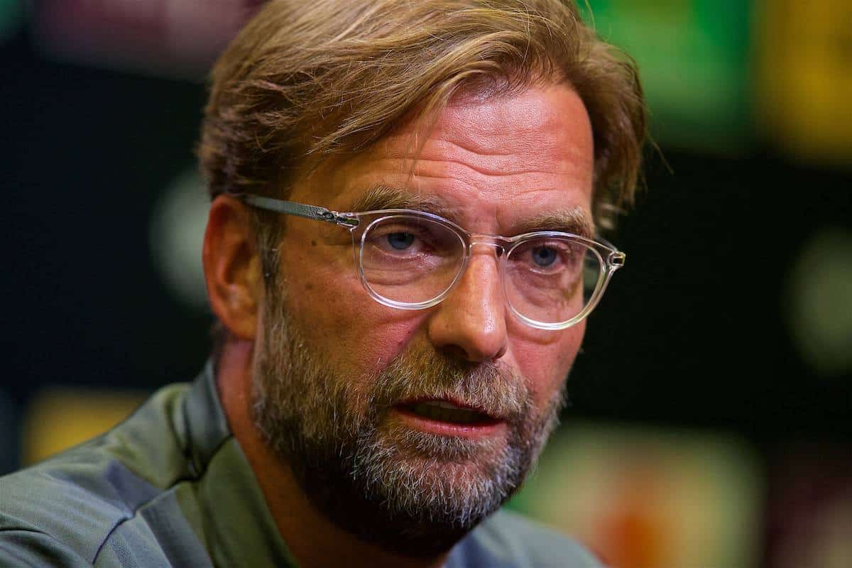 CHARLOTTE, USA - Saturday, July 21, 2018: Liverpool's manager Jürgen Klopp during a press conference at the Bank of America Stadium ahead of a preseason International Champions Cup match between Borussia Dortmund and Liverpool FC. (Pic by David Rawcliffe/Propaganda)