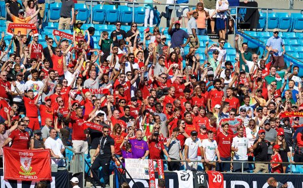 CHARLOTTE, USA - Saturday, July 21, 2018: Liverpool players pose in the stands for a photo with the supporters after a training session at the Bank of America Stadium ahead of a preseason International Champions Cup match between Borussia Dortmund and Liverpool FC. (Pic by David Rawcliffe/Propaganda)