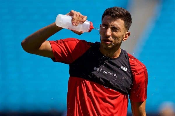 CHARLOTTE, USA - Saturday, July 21, 2018: Liverpool's Marko Grujic pours water into his face during a training session at the Bank of America Stadium ahead of a preseason International Champions Cup match between Borussia Dortmund and Liverpool FC. (Pic by David Rawcliffe/Propaganda)