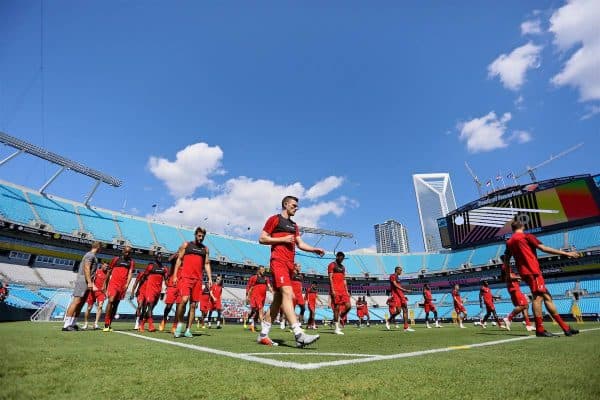 CHARLOTTE, USA - Saturday, July 21, 2018: Liverpool's Andy Robertson and his team-mates during a training session at the Bank of America Stadium ahead of a preseason International Champions Cup match between Borussia Dortmund and Liverpool FC. (Pic by David Rawcliffe/Propaganda)