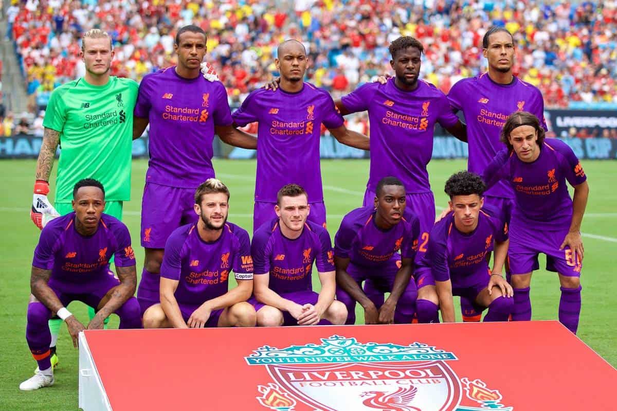 CHARLOTTE, USA - Sunday, July 22, 2018: Liverpool players line-up for a team group photograph before a preseason International Champions Cup match between Borussia Dortmund and Liverpool FC at the Bank of America Stadium. Back row L-R: goalkeeper Loris Karius, Joel Matip, Fabio Henrique Tavares 'Fabinho', Divock Origi, Virgil van Dijk. Front row L-R: Nathaniel Clyne, Adam Lallana, Andy Robertson, Rafael Camacho, Curtis Jones, Lazar Markovic. (Pic by David Rawcliffe/Propaganda)