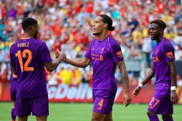 CHARLOTTE, USA - Sunday, July 22, 2018: Liverpool's Virgil van Dijk celebrates scoring the first goal during a preseason International Champions Cup match between Borussia Dortmund and Liverpool FC at the Bank of America Stadium. (Pic by David Rawcliffe/Propaganda)