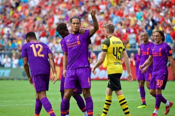 CHARLOTTE, USA - Sunday, July 22, 2018: Liverpool's Virgil van Dijk celebrates scoring the first goal during a preseason International Champions Cup match between Borussia Dortmund and Liverpool FC at the Bank of America Stadium. (Pic by David Rawcliffe/Propaganda)