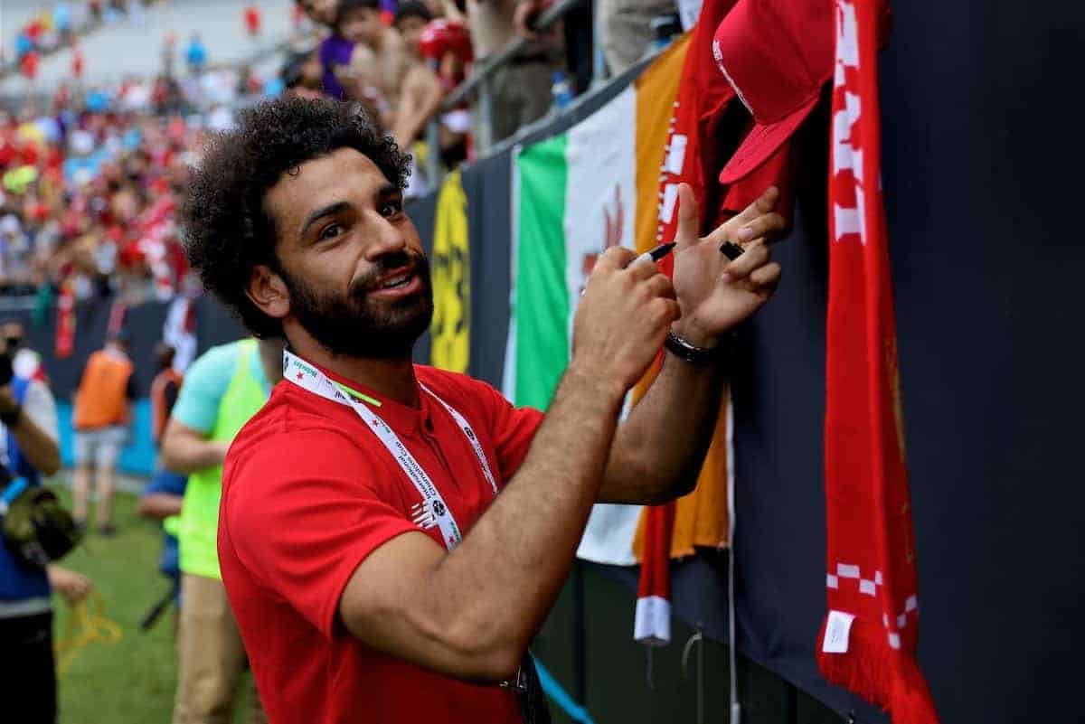 CHARLOTTE, USA - Sunday, July 22, 2018: Liverpool's Mohamed Salah signs autographs for supporters after a preseason International Champions Cup match between Borussia Dortmund and Liverpool FC at the Bank of America Stadium. (Pic by David Rawcliffe/Propaganda)