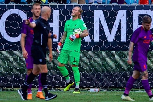 CHARLOTTE, USA - Sunday, July 22, 2018: Liverpool's goalkeeper Loris Karius looks dejected as Borussia Dortmund score a late second goal during a preseason International Champions Cup match between Borussia Dortmund and Liverpool FC at the Bank of America Stadium. Borussia Dortmund won 3-1. (Pic by David Rawcliffe/Propaganda)