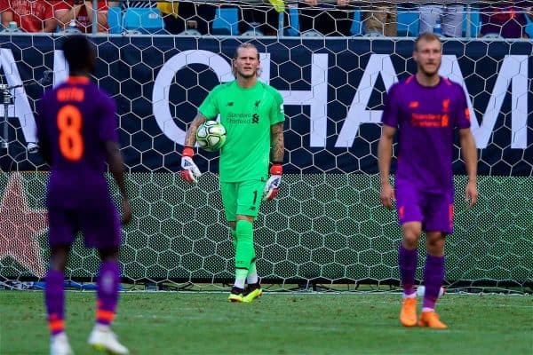 CHARLOTTE, USA - Sunday, July 22, 2018: Liverpool's goalkeeper Loris Karius looks dejected as Borussia Dortmund score a late second goal during a preseason International Champions Cup match between Borussia Dortmund and Liverpool FC at the Bank of America Stadium. Borussia Dortmund won 3-1. (Pic by David Rawcliffe/Propaganda)