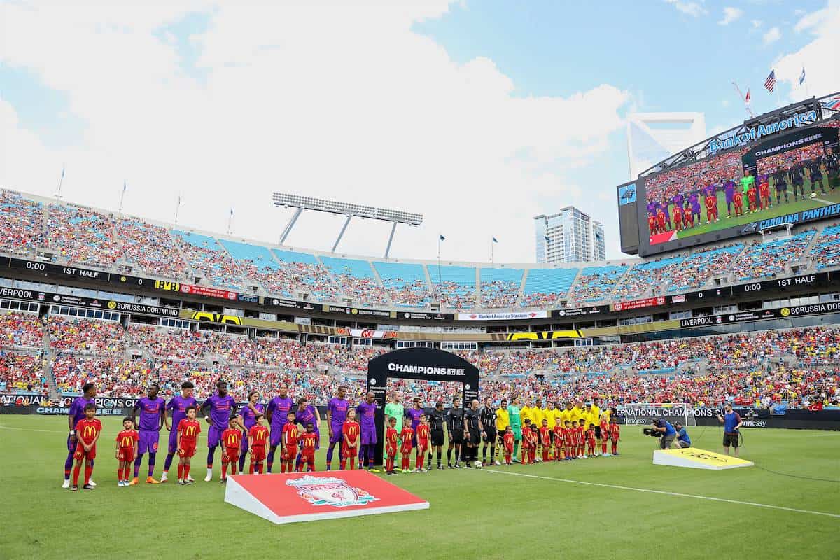 CHARLOTTE, USA - Sunday, July 22, 2018: Liverpool and Borussia Dortmund players line-up before a preseason International Champions Cup match between Borussia Dortmund and Liverpool FC at the Bank of America Stadium. (Pic by David Rawcliffe/Propaganda)