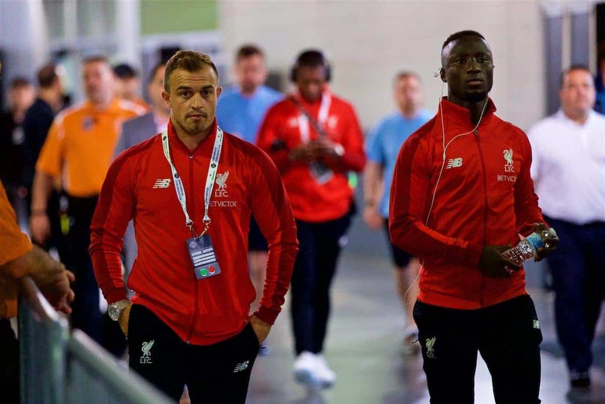 NEW JERSEY, USA - Wednesday, July 25, 2018: Liverpool's new signing new signings Xherdan Shaqiri (left) and Naby Keita (right) arrive before a preseason International Champions Cup match between Manchester City FC and Liverpool FC at the Met Life Stadium. (Pic by David Rawcliffe/Propaganda)