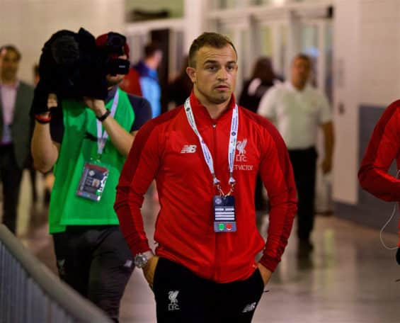 NEW JERSEY, USA - Wednesday, July 25, 2018: Liverpool's new signing new signing Xherdan Shaqiri arrives before a preseason International Champions Cup match between Manchester City FC and Liverpool FC at the Met Life Stadium. (Pic by David Rawcliffe/Propaganda)