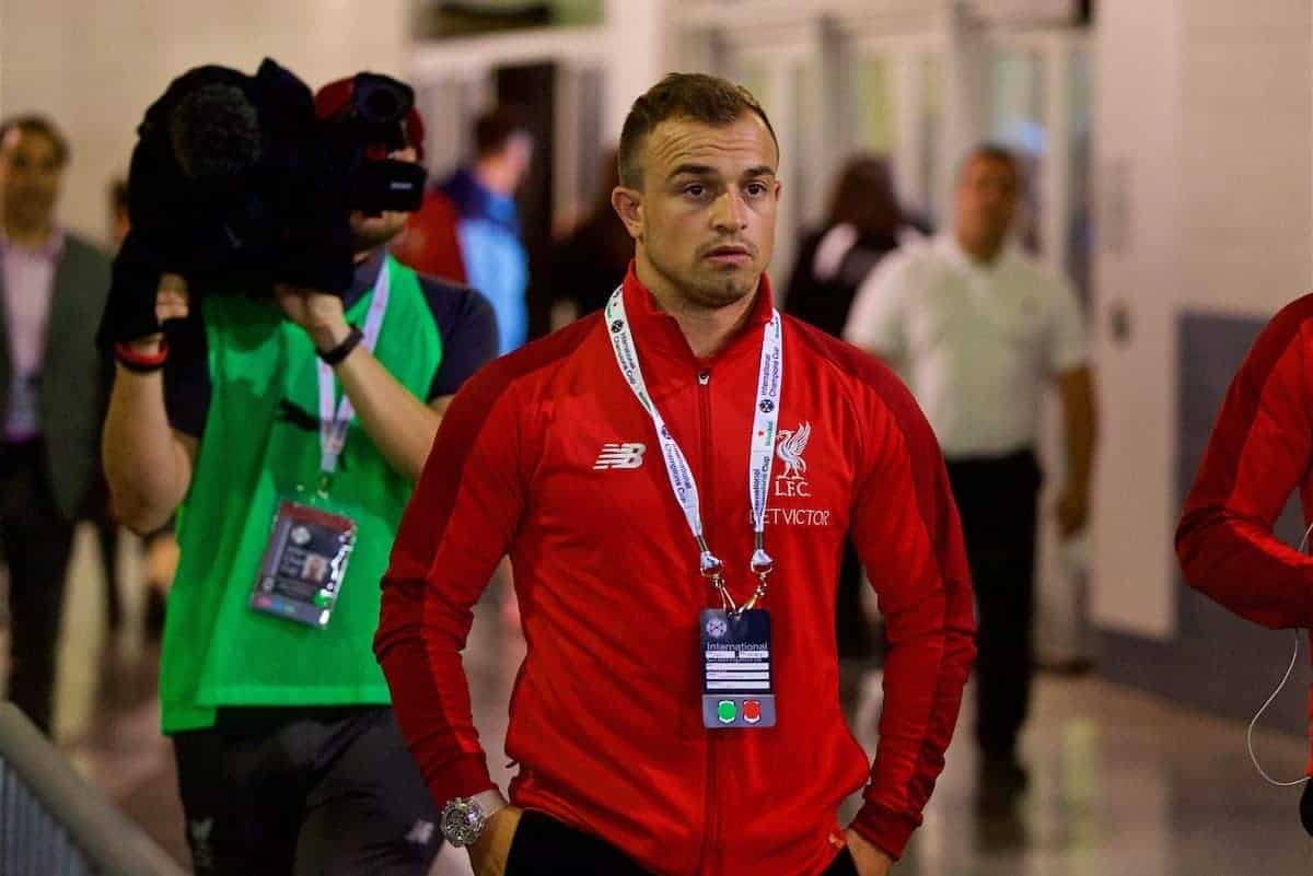 NEW JERSEY, USA - Wednesday, July 25, 2018: Liverpool's new signing new signing Xherdan Shaqiri arrives before a preseason International Champions Cup match between Manchester City FC and Liverpool FC at the Met Life Stadium. (Pic by David Rawcliffe/Propaganda)