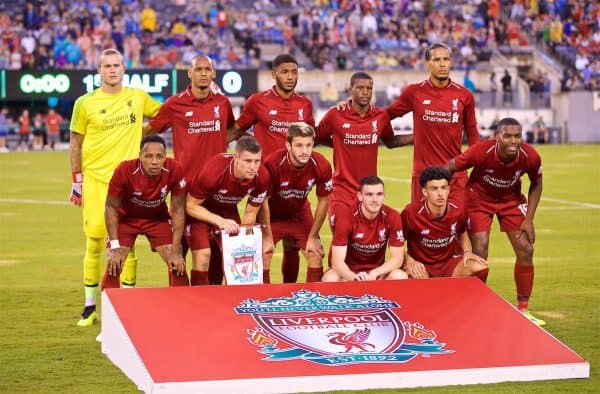 NEW JERSEY, USA - Wednesday, July 25, 2018: Liverpool's players line-up for a team group photograph before a preseason International Champions Cup match between Manchester City FC and Liverpool FC at the Met Life Stadium. (Pic by David Rawcliffe/Propaganda)