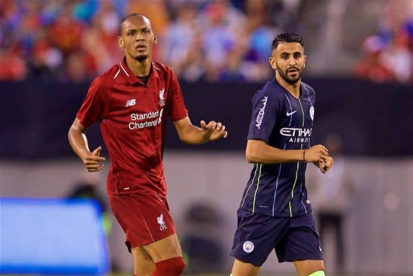 NEW JERSEY, USA - Wednesday, July 25, 2018: Liverpool's Fabio Henrique Tavares 'Fabinho' and Manchester City's Riyad Mahrez during a preseason International Champions Cup match between Manchester City FC and Liverpool FC at the Met Life Stadium. (Pic by David Rawcliffe/Propaganda)