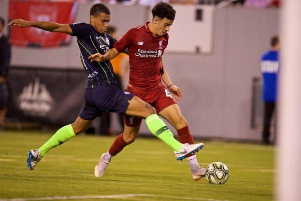 NEW JERSEY, USA - Wednesday, July 25, 2018: Liverpool's Curtis Jones is fouled during a preseason International Champions Cup match between Manchester City FC and Liverpool FC at the Met Life Stadium. (Pic by David Rawcliffe/Propaganda)