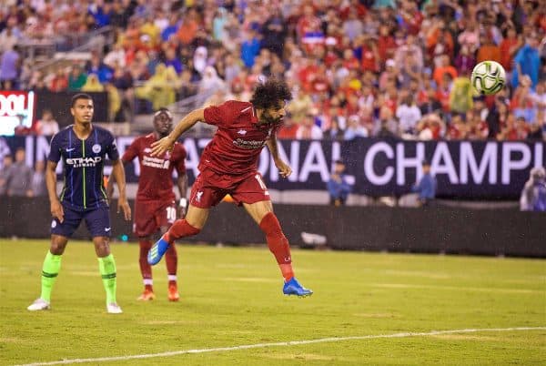 NEW JERSEY, USA - Wednesday, July 25, 2018: Liverpool's Mohamed Salah scores the first equalising goal with a header, to level the score 1-1, during a preseason International Champions Cup match between Manchester City FC and Liverpool FC at the Met Life Stadium. (Pic by David Rawcliffe/Propaganda)