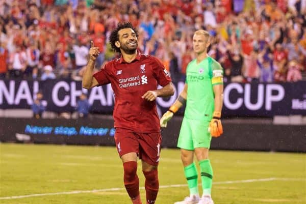 NEW JERSEY, USA - Wednesday, July 25, 2018: Liverpool's Mohamed Salah celebrate scoring the first equalising goal, to level the score 1-1, during a preseason International Champions Cup match between Manchester City FC and Liverpool FC at the Met Life Stadium. (Pic by David Rawcliffe/Propaganda)