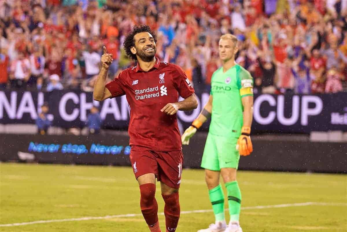 NEW JERSEY, USA - Wednesday, July 25, 2018: Liverpool's Mohamed Salah celebrate scoring the first equalising goal, to level the score 1-1, during a preseason International Champions Cup match between Manchester City FC and Liverpool FC at the Met Life Stadium. (Pic by David Rawcliffe/Propaganda)