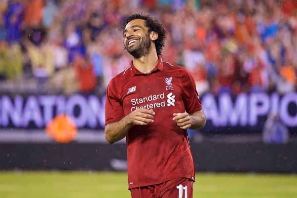 NEW JERSEY, USA - Wednesday, July 25, 2018: Liverpool's Mohamed Salah celebrate scoring the first equalising goal, to level the score 1-1, during a preseason International Champions Cup match between Manchester City FC and Liverpool FC at the Met Life Stadium. (Pic by David Rawcliffe/Propaganda)